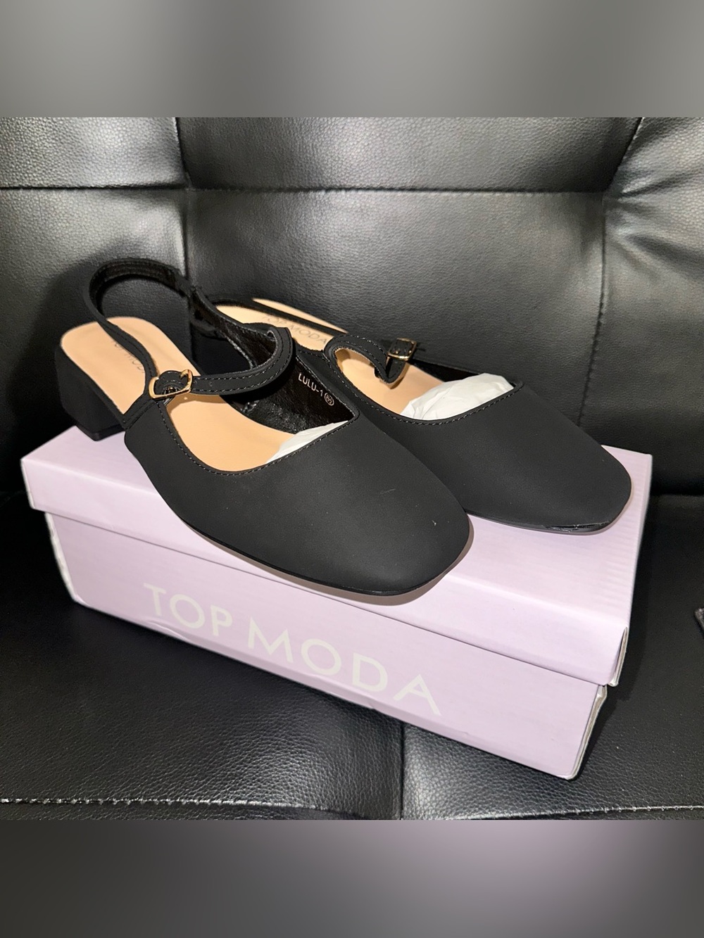 TOP Moda Black Slingback Square Toe Low Block Heels